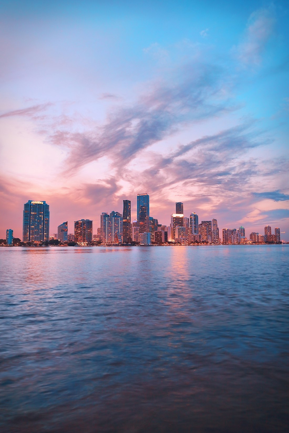 Miami skyline across the water at sunset